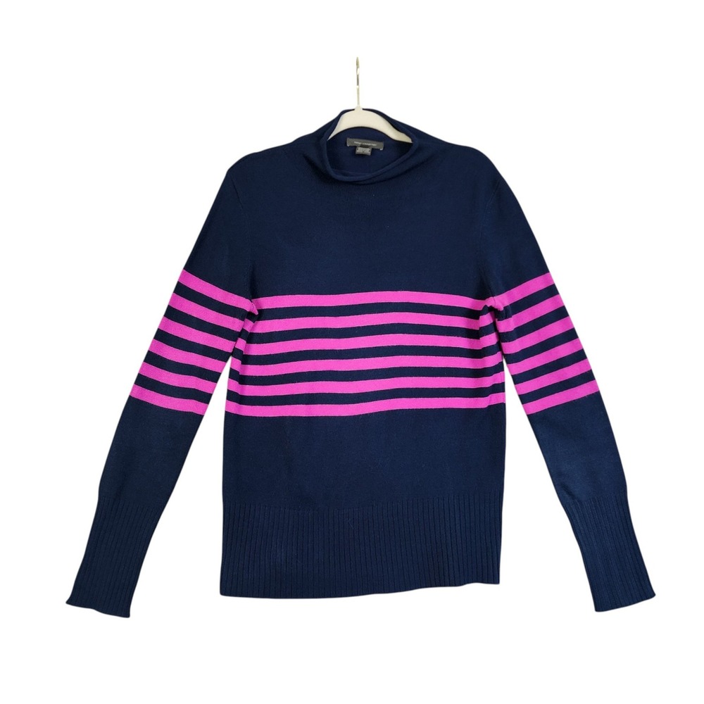 French Connection Womens Stripe Mock Neck Sweater Size Medium Navy Blue Hot Pink